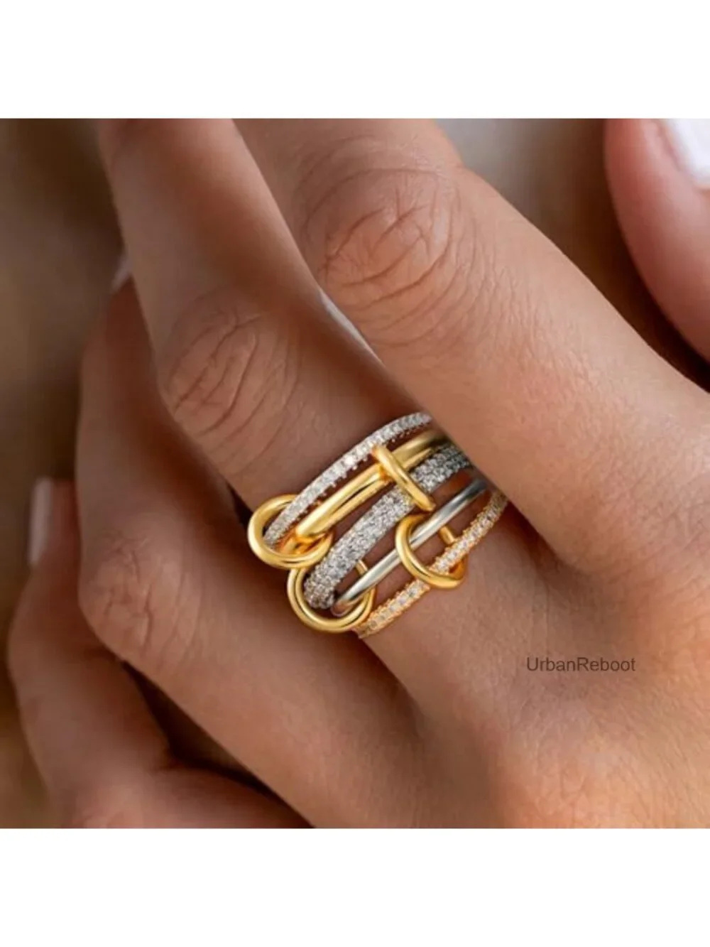 14K Gold Plated Cubic Zirconia Stackable Ring Set - 5 Rings Mixed Metals